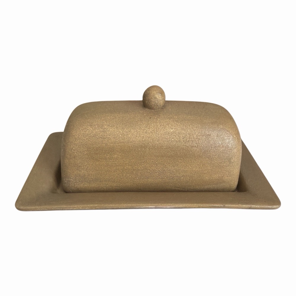 Studio Art Pottery Covered Butter Dish Signed Matte Gold Tan Stoneware Lidded